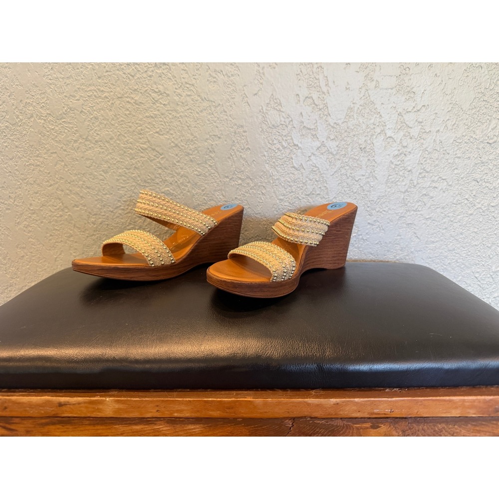 Toscanella Italian Tan Woven Studded Wood Grain Wedge Slide Sandals 6.5